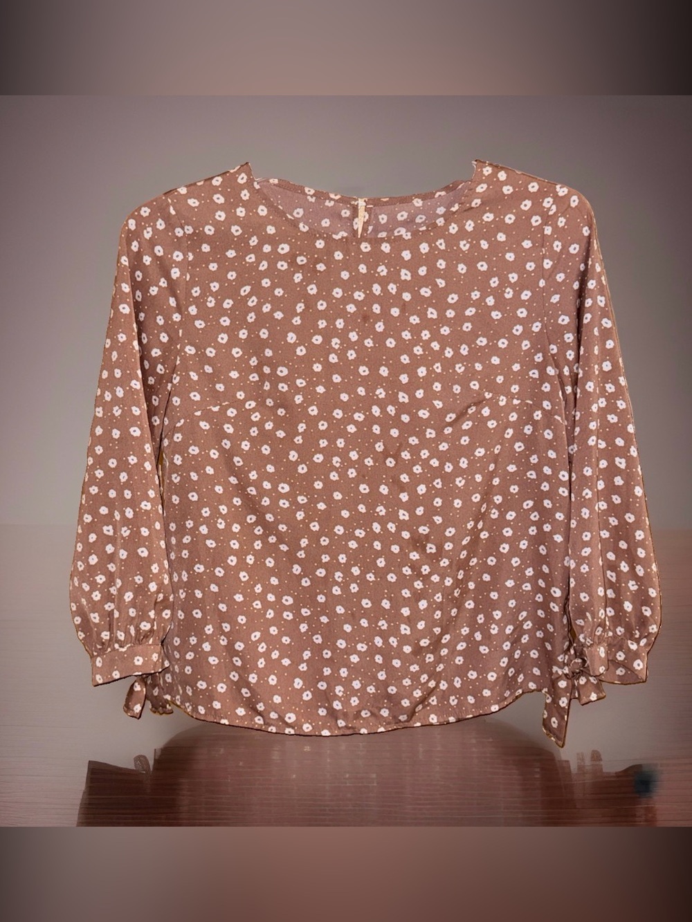 SHEIN Brown Button-Back Floral Tie-Cuff Blouse